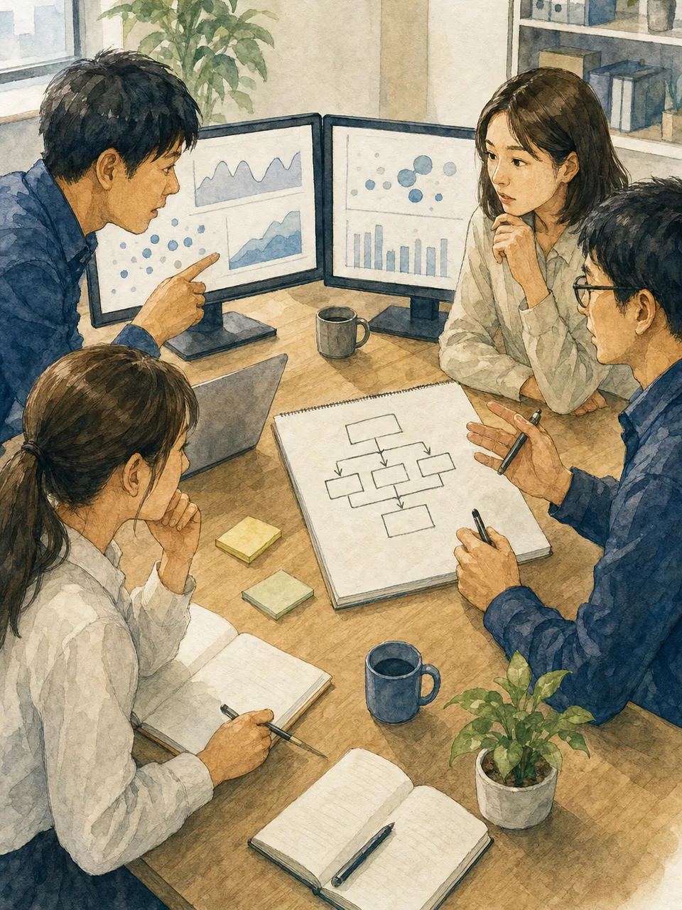 分析を進める日本人データサイエンティスト（手描き水彩）。データサイエンティスト、データ分析、AI、意思決定の記事向け素材です。