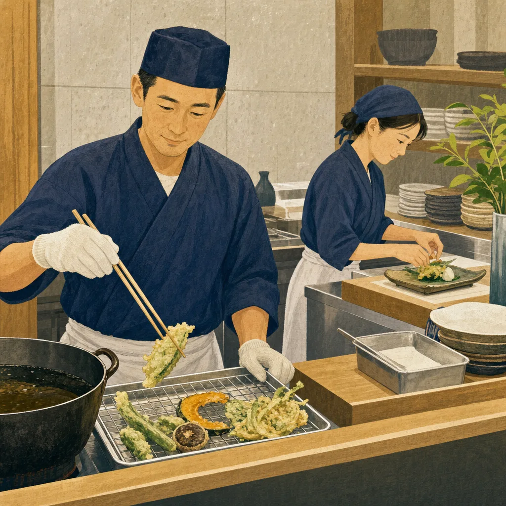 天ぷらを仕上げる日本人料理人（編集記事向け）。天ぷら、和食、料理人、飲食店の記事に使える食素材です。