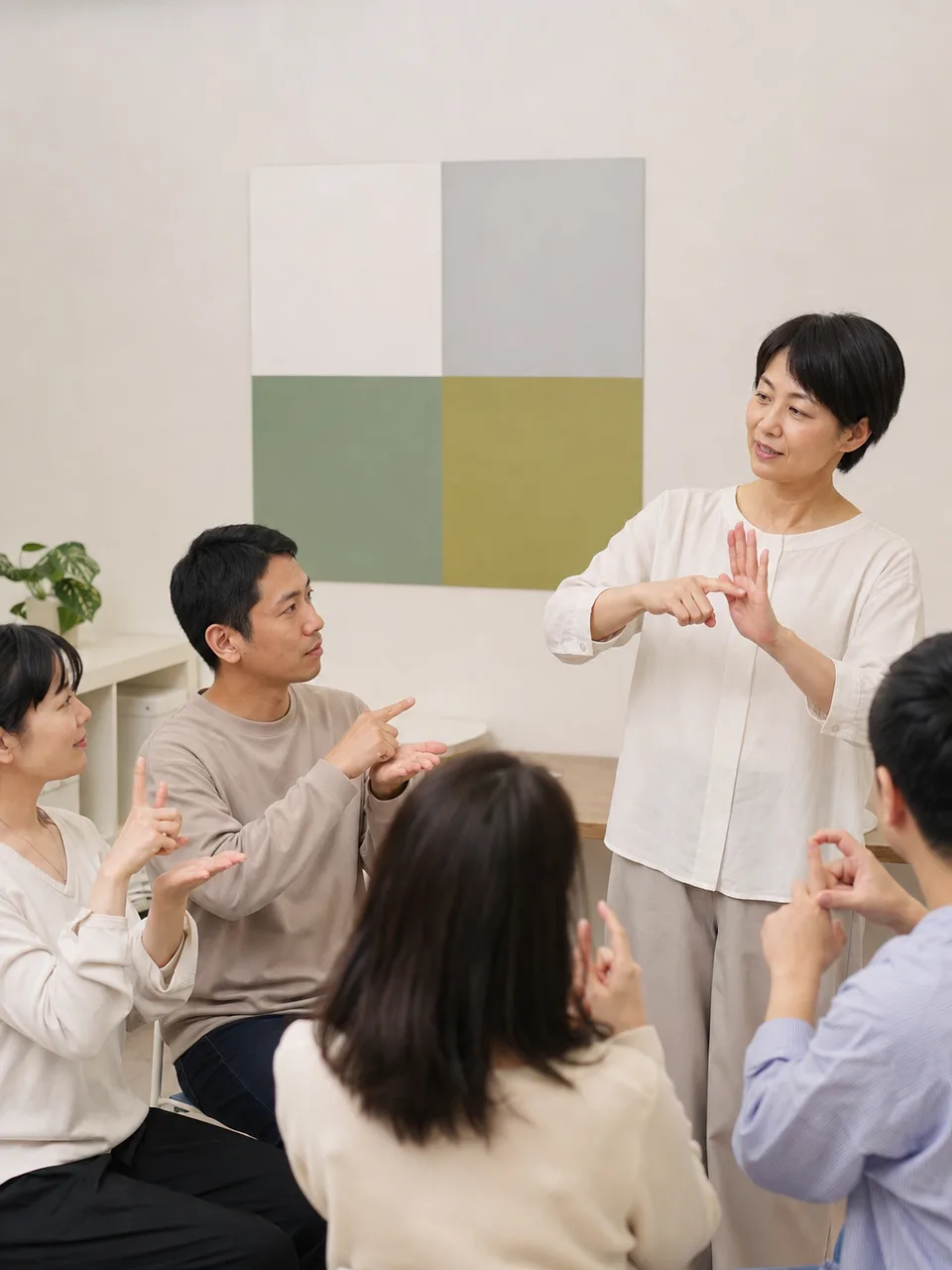 手話を学ぶ日本人グループ（自然な縦位置写真）。手話教室、日本手話、聴覚障害、コミュニケーションの記事や案内に使える商用素材です。