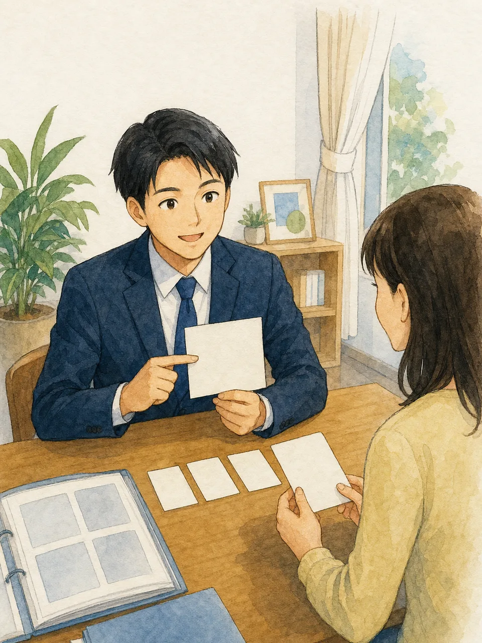 保険金請求を案内する日本人担当者（手描き水彩）。保険金請求、保険相談、損害保険、請求手続きの記事や案内に使える商用素材です。