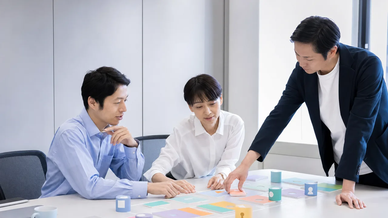 データガバナンスを整える日本人チーム（横長・コピースペース）。データガバナンス、データ管理、データカタログ、データ品質の記事や案内に使える商用素材です。