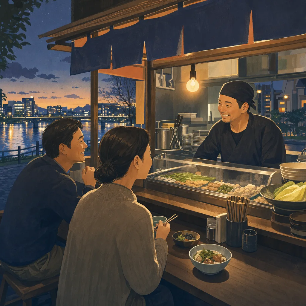 福岡の屋台を楽しむ日本人旅行者（編集記事向け）。福岡、屋台、九州旅行、食の観光の記事向け素材です。