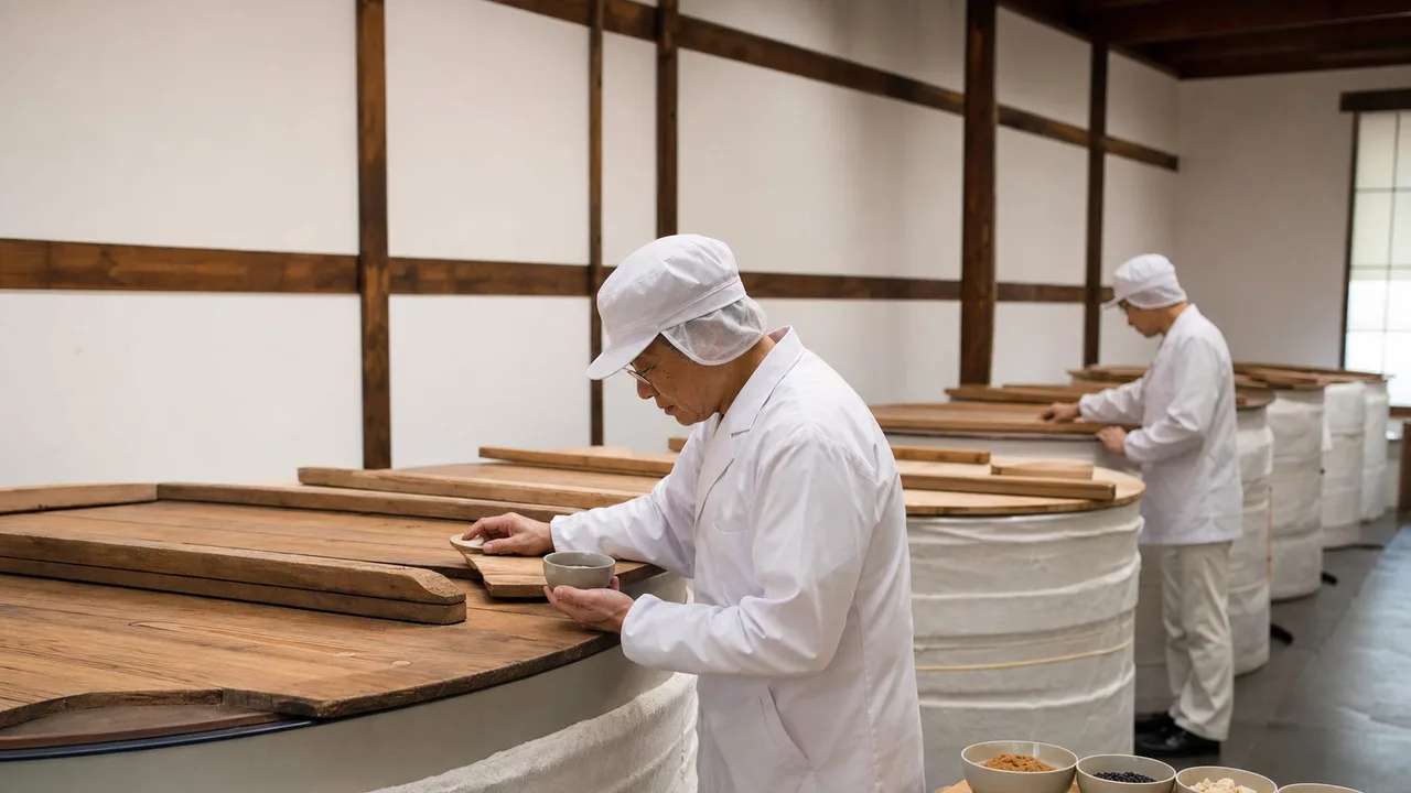 味噌蔵で発酵を管理する日本人（横長・コピースペース）。味噌蔵、味噌作り、発酵食品、食品製造の記事や案内に使える商用素材です。