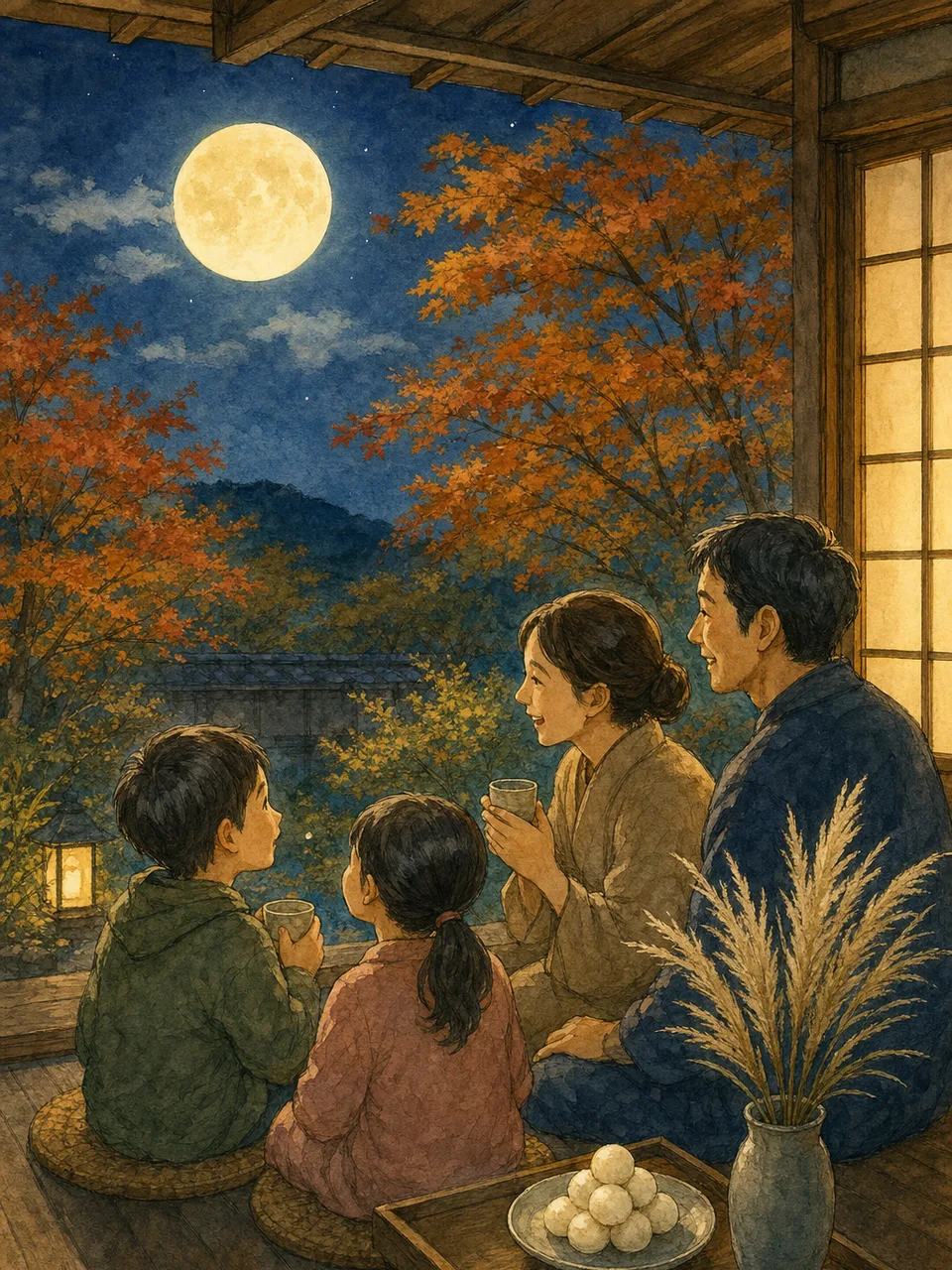 十五夜を楽しむ日本人家族（手描き水彩）。十五夜、お月見、秋、家族の年中行事に使える素材です。