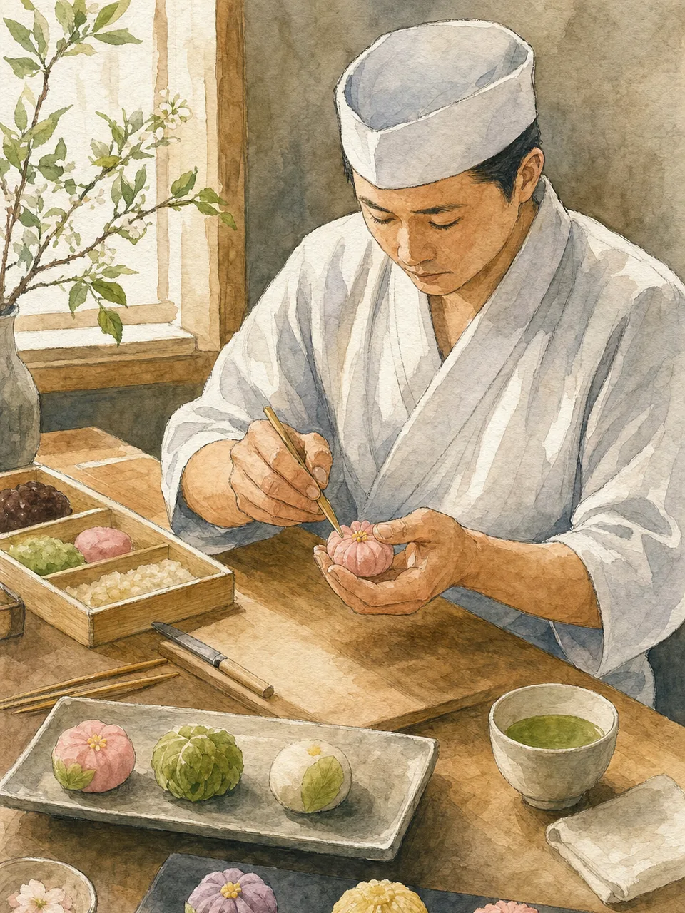 季節の和菓子を作る日本人職人（手描き水彩）。和菓子、伝統文化、食品、手仕事の記事に使える職人素材です。