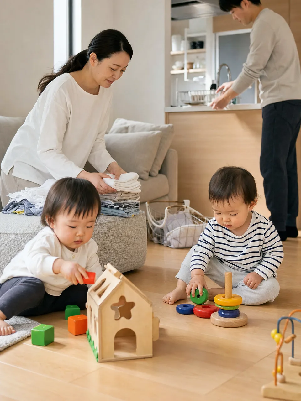 双子を育てる日本人家族（自然な縦位置写真）。双子、育児、子育て、家族の日常を伝える記事向け素材です。