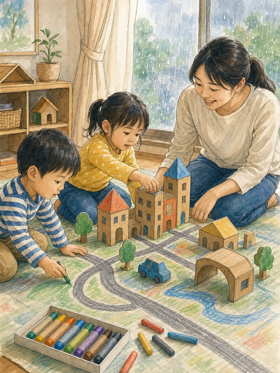 雨の日に室内遊びを楽しむ日本人親子（手描き水彩）。雨の日の室内遊び、親子、子ども、家庭の記事向け素材です。