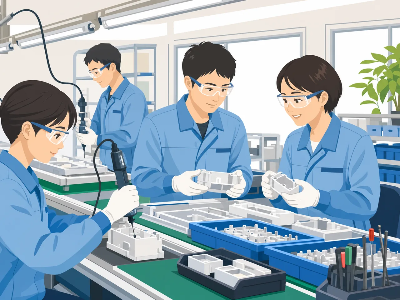 工場で組み立て作業をする日本人（フラットイラスト）。工場勤務、製造業、組み立て、ものづくりの記事向け素材です。