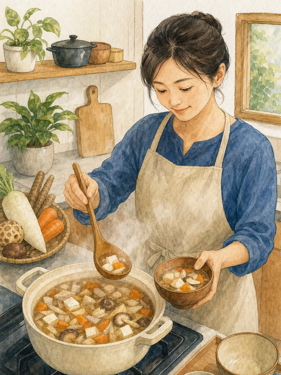 けんちん汁を作る日本人（手描き水彩）。けんちん汁、根菜料理、家庭料理、和食の記事や案内に使える商用素材です。