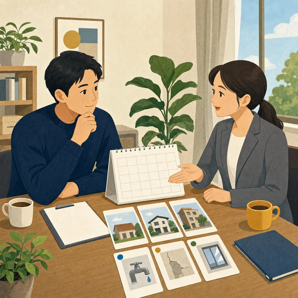 賃貸契約の更新を相談する日本人（編集記事向け）。賃貸契約更新、更新手続き、賃貸住宅、不動産管理の記事や案内に使える商用素材です。