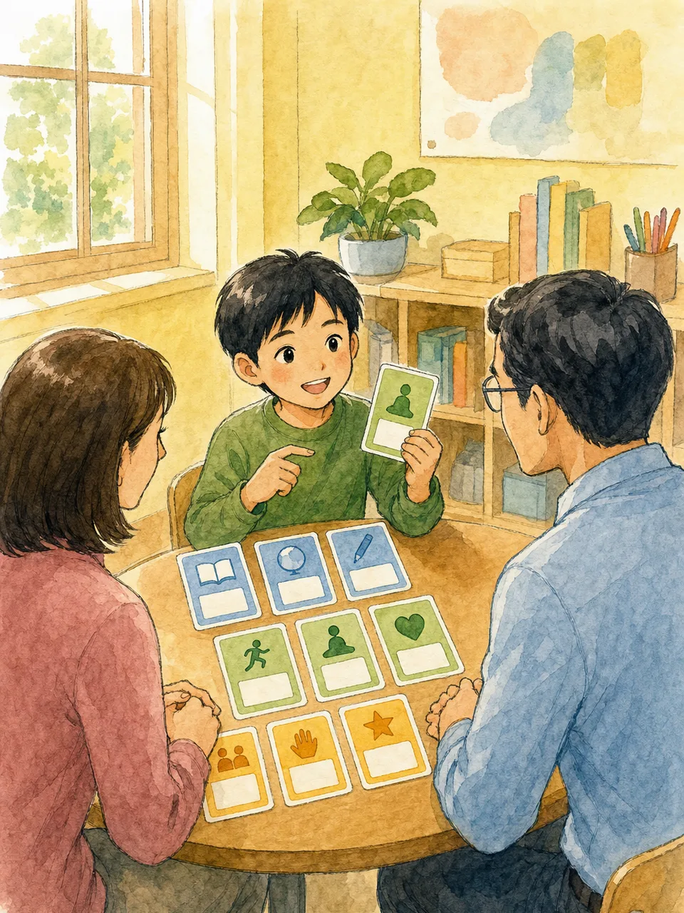学習目標を話し合う日本人の生徒と大人（手描き水彩）。学習目標、生徒主体、三者面談、目標設定の記事や案内に使える商用素材です。