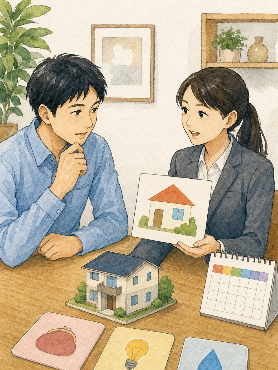 家賃保証を説明する日本人担当者（手描き水彩）。家賃保証、賃貸契約、保証会社、入居審査の記事や案内に使える商用素材です。