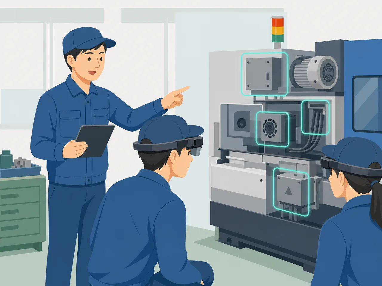 ARで保守訓練をする日本人技術者（フラットイラスト）。AR研修、拡張現実、保守訓練、設備保全の記事や案内に使える商用素材です。