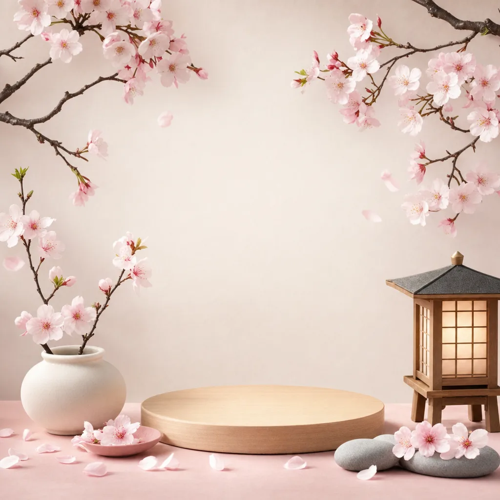 上品な桜背景（立体ディスプレイ）。桜背景、春、花、和風デザイン向け素材です。