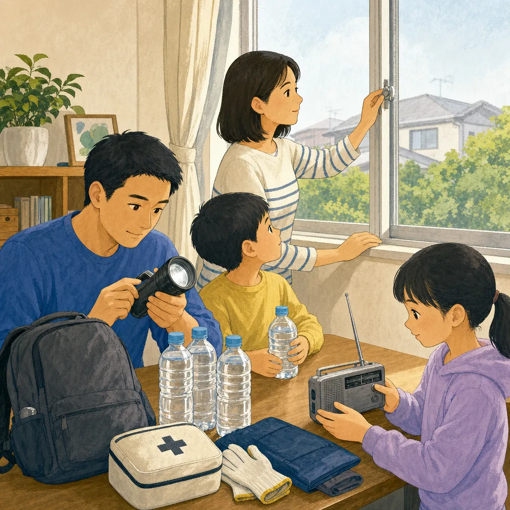 台風に備える日本人家族（編集記事向け）。台風対策、防災、家庭備蓄、家族の記事向け素材です。