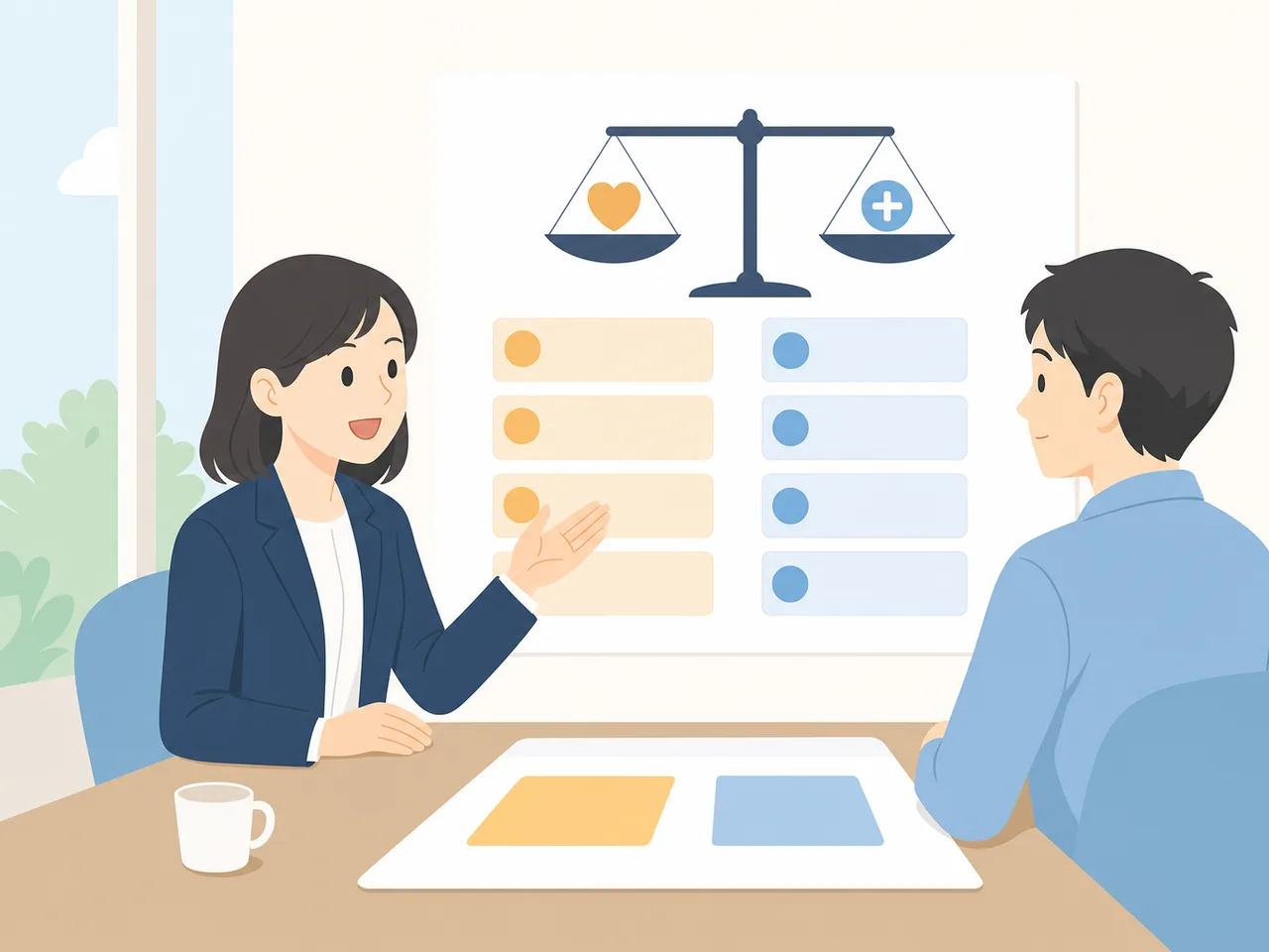 給与と福利厚生を説明する日本人担当者（フラットイラスト）。給与説明、福利厚生、人事、報酬制度の記事や案内に使える商用素材です。
