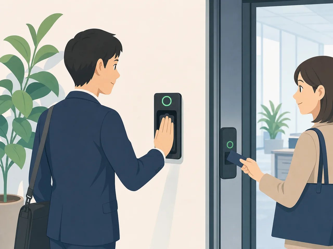 生体認証で入室する日本人会社員（フラットイラスト）。生体認証、顔認証、オフィスセキュリティ、本人確認の記事向け素材です。