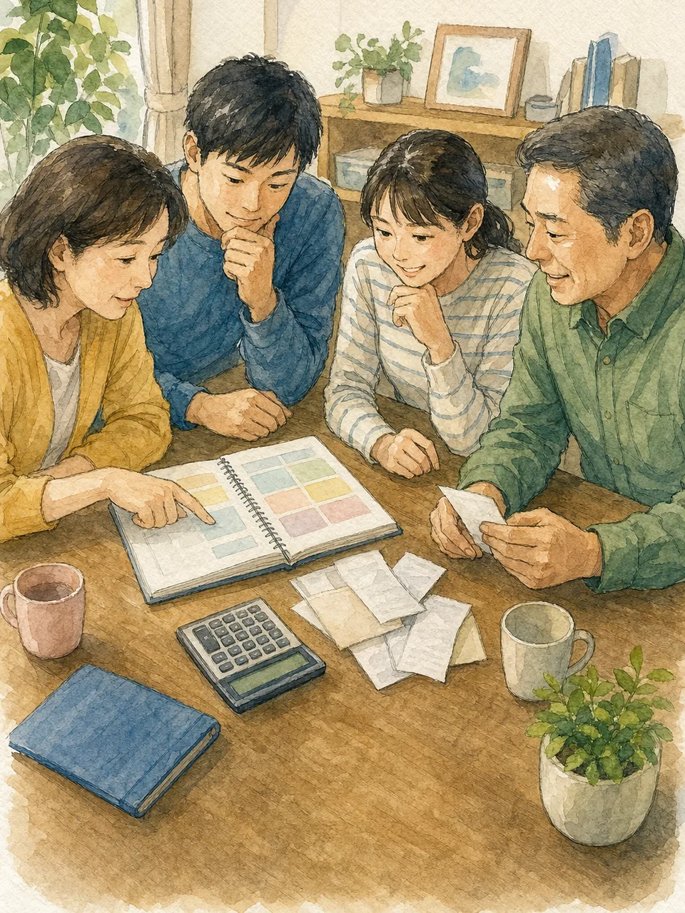 家計管理をする日本人家族（手描き水彩）。家計管理、家計簿、生活費、家族の話し合いの記事向け素材です。