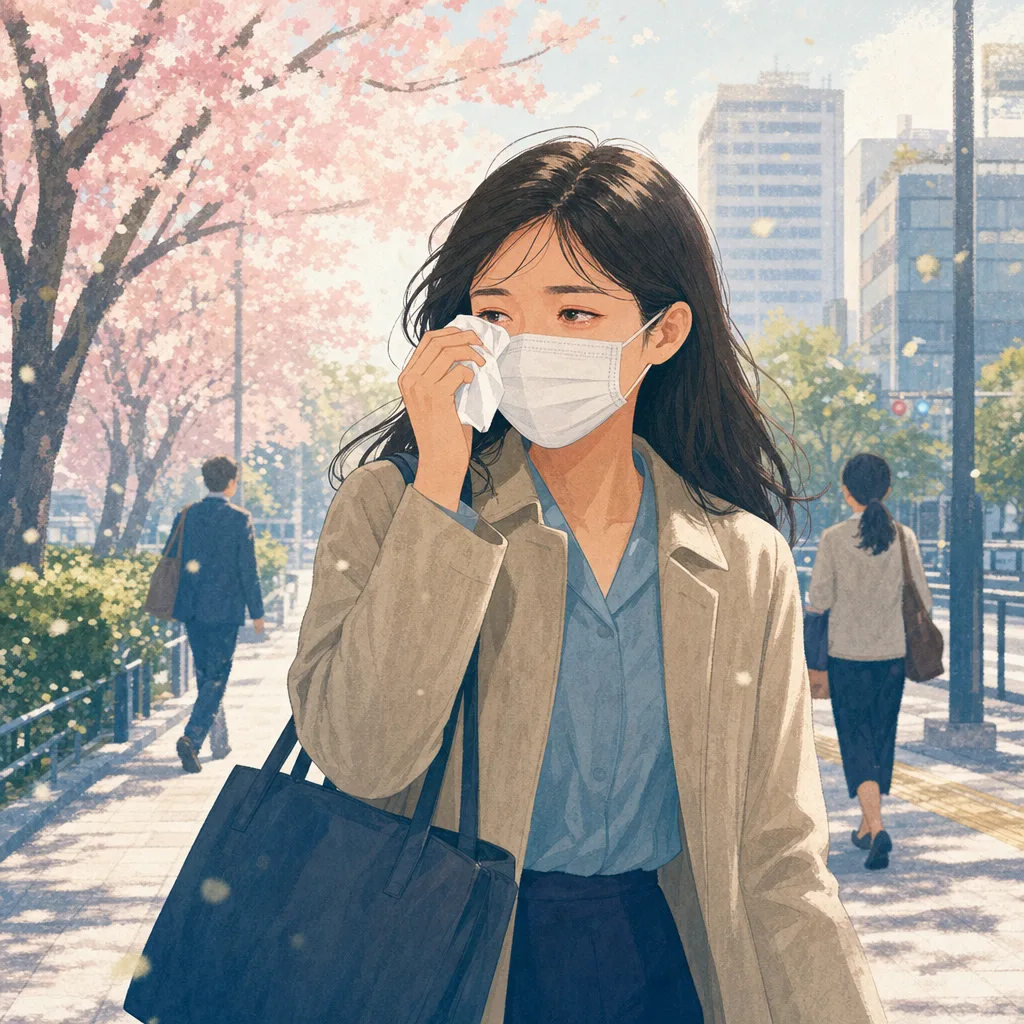 花粉症対策をする日本人通勤者（編集記事向け）。春の健康情報、花粉対策、医療、日用品の記事に使える生活場面です。