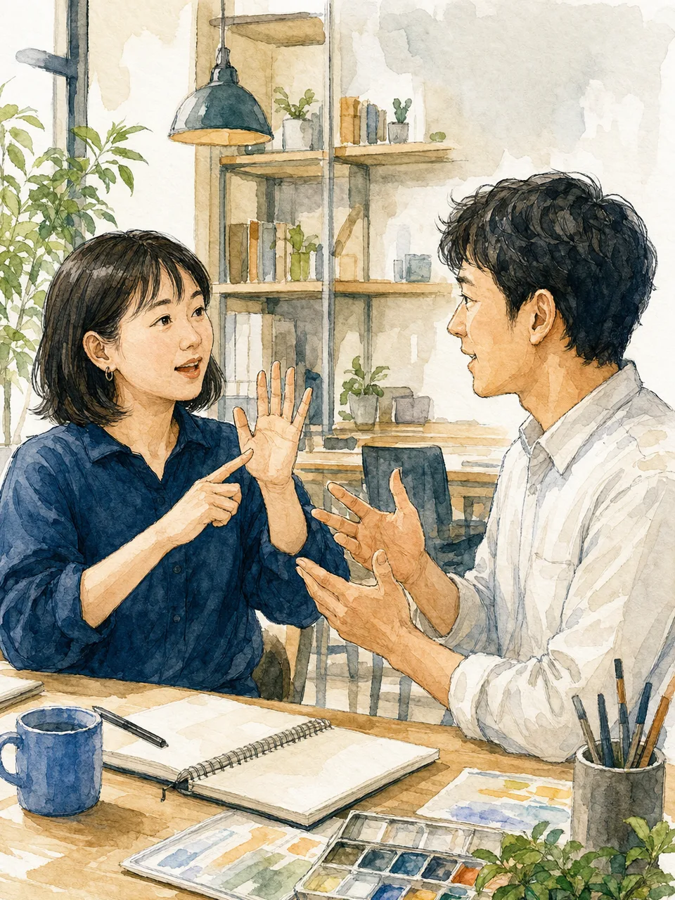 手話で会話する日本人（手描き水彩）。手話、聴覚障害、コミュニケーション、共生の記事向け素材です。
