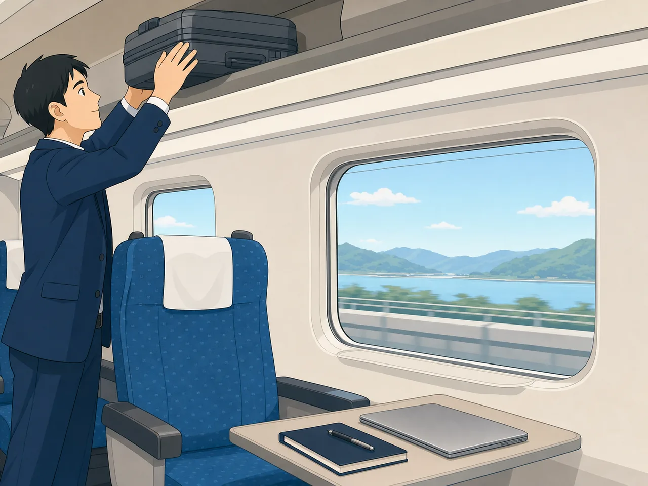 新幹線で出張する日本人会社員（フラットイラスト）。新幹線、出張、鉄道、ビジネス旅行に使える移動中の素材です。