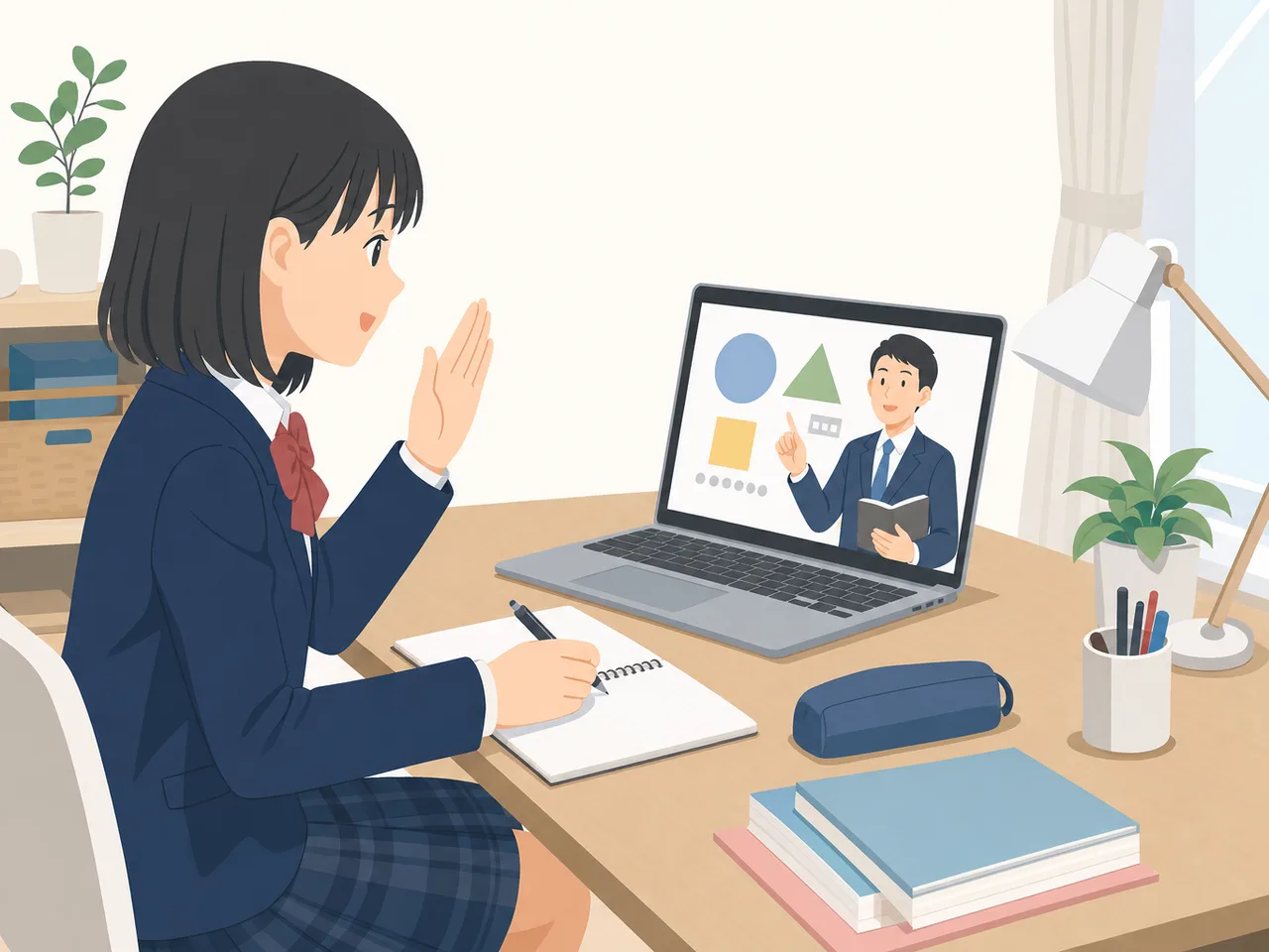 オンライン授業に参加する日本人の生徒（フラットイラスト）。オンライン授業、遠隔学習、中高生、教育ICTの記事向け素材です。