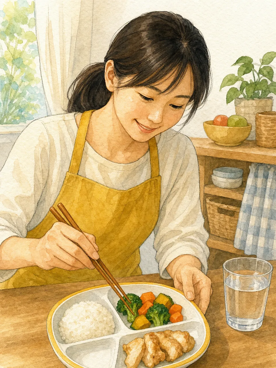 子どもの昼食を盛り付ける日本人（手描き水彩）。子どもの昼食、幼児食、食育、家庭料理の記事や案内に使える商用素材です。