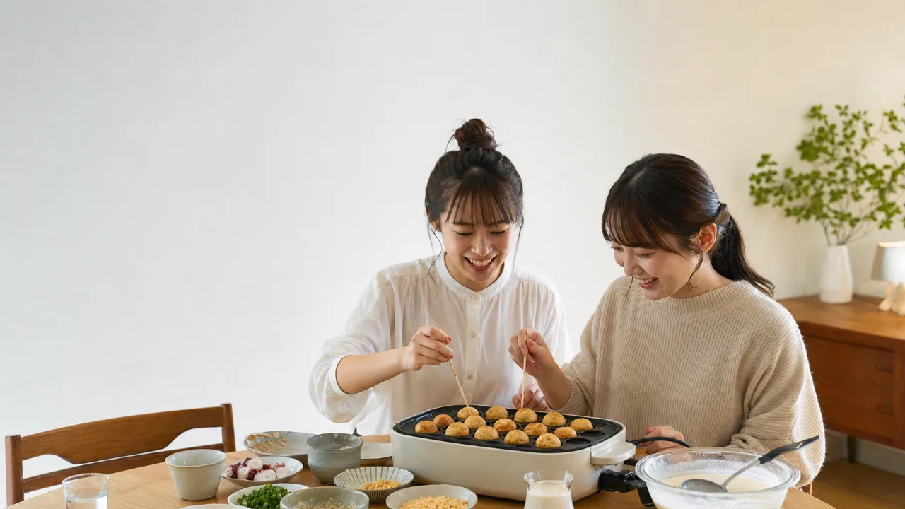 たこ焼きを作る日本人（横長・コピースペース）。たこ焼き、大阪グルメ、家庭料理、食イベントの記事向け素材です。
