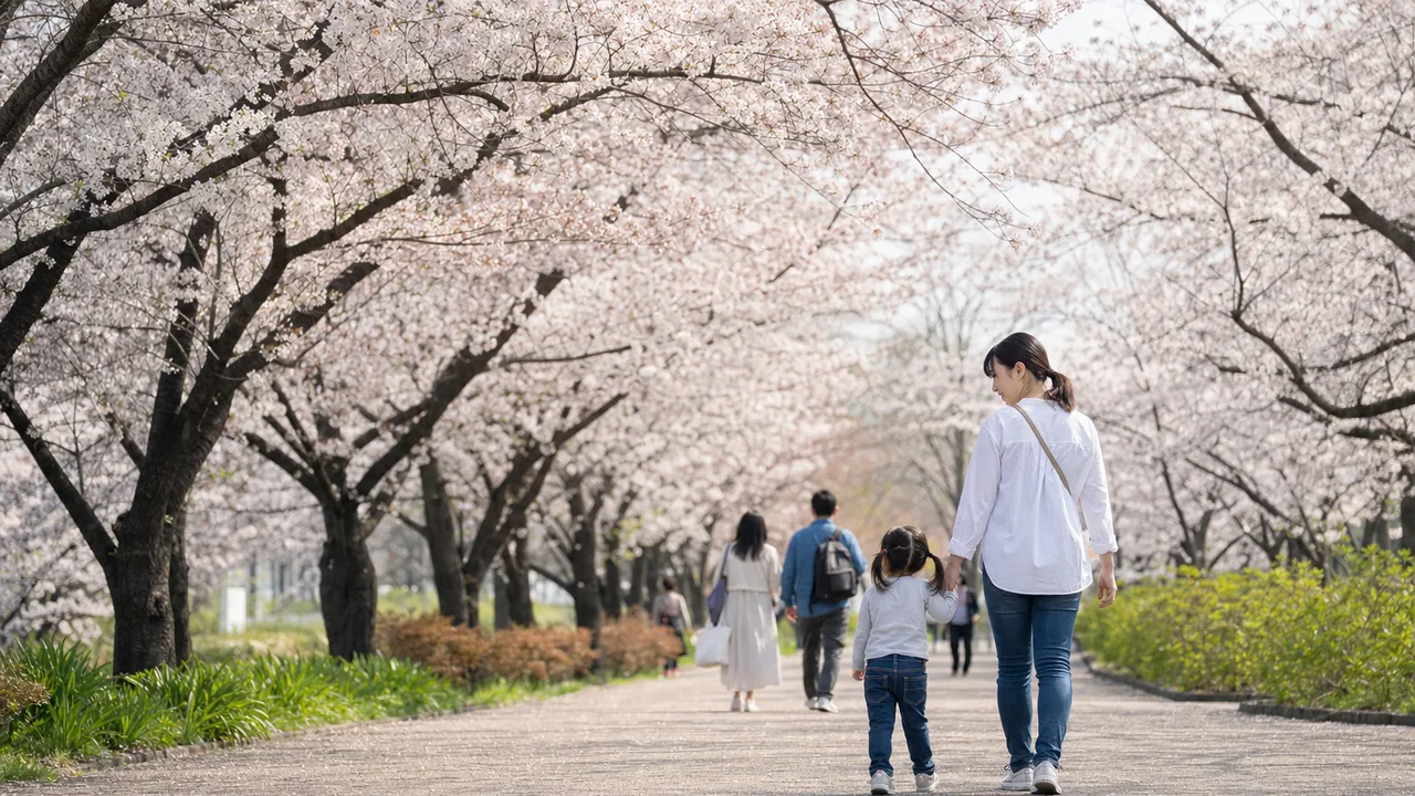 桜並木を歩く日本人（横長・コピースペース）。桜並木、春、散歩、日本の季節の記事向け素材です。