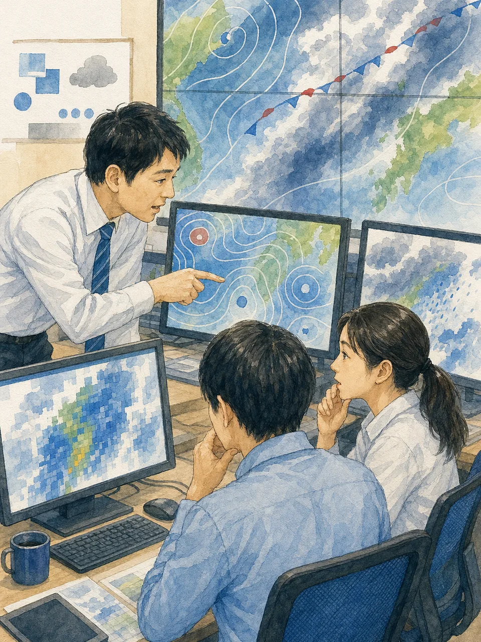 天気を分析する日本人気象予報士（手描き水彩）。気象予報士、天気予報、気象分析、天気の記事や案内に使える商用素材です。