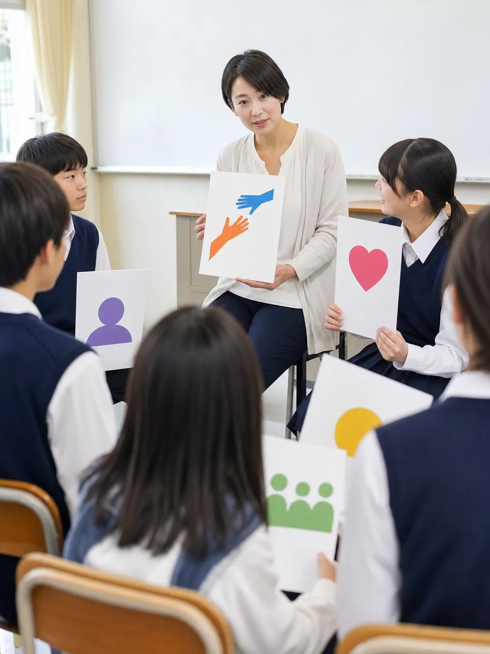 いじめ予防を話し合う日本人の生徒（自然な縦位置写真）。いじめ予防、人権教育、学級活動、生徒の記事や案内に使える商用素材です。
