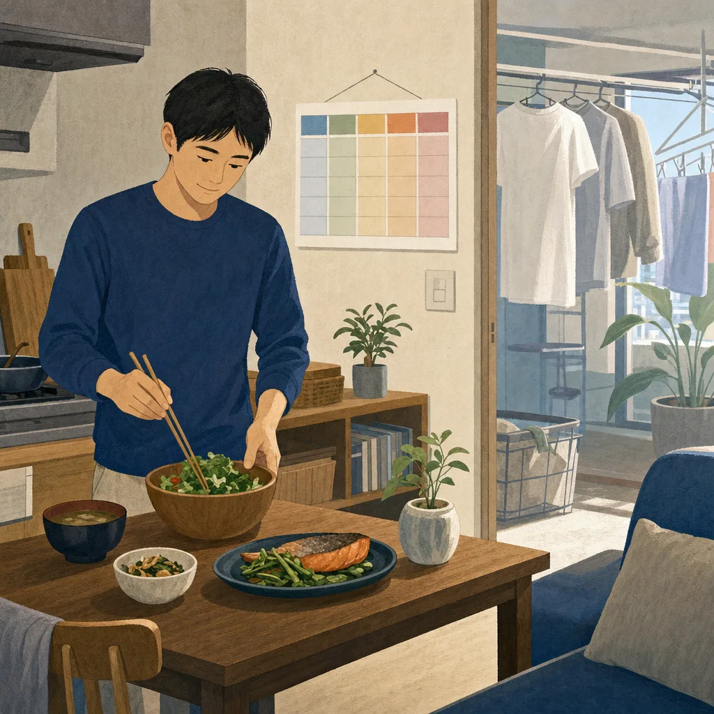 一人暮らしをする日本人男性（編集記事向け）。一人暮らしの男性、自炊、家事、暮らしの記事向け素材です。