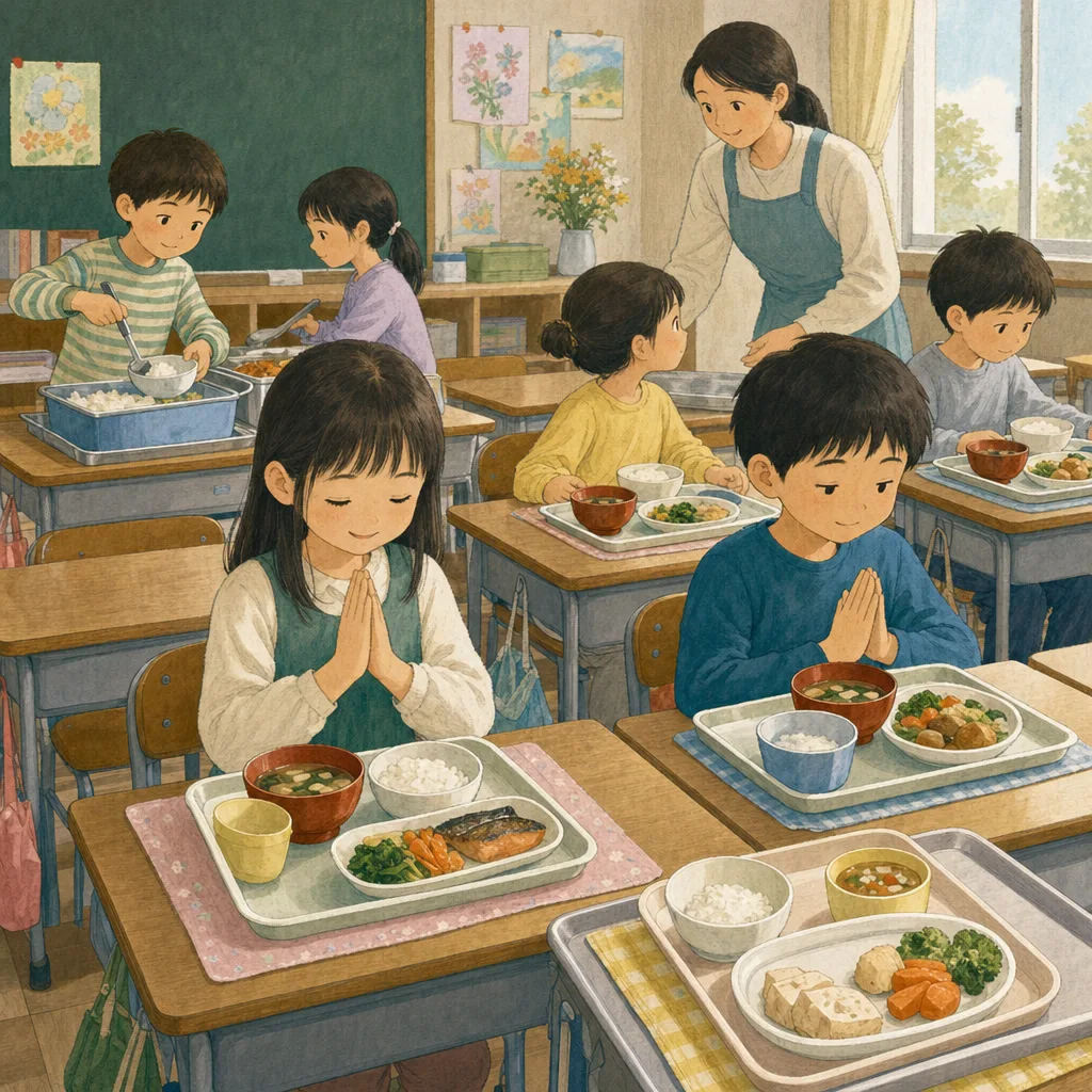学校給食を楽しむ日本人の児童（編集記事向け）。学校給食、食育、小学校、子どもの生活の記事向け素材です。