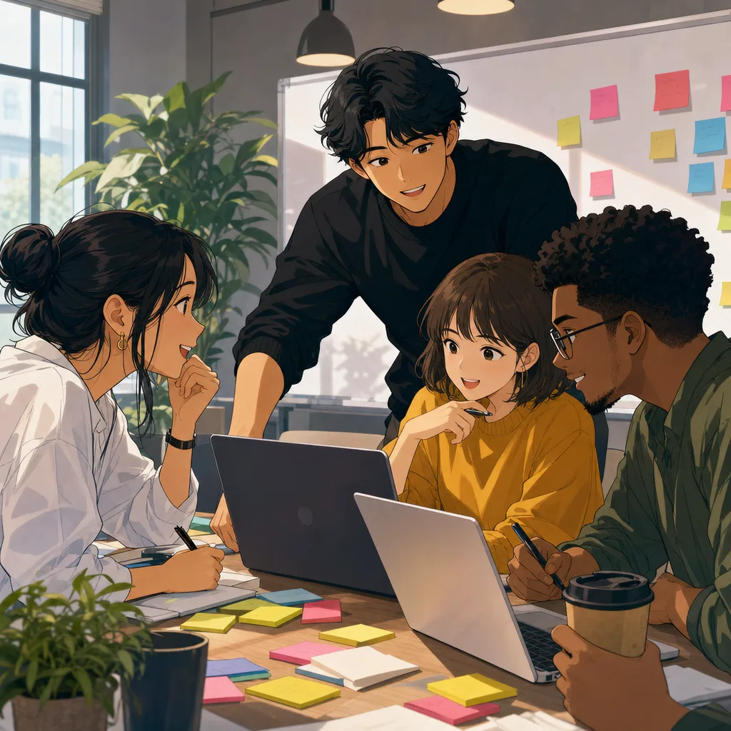 働くチームのアニメ風イラスト（アニメ風・記事向け）。採用、IT、スタートアップの記事に使える、完全オリジナルのアニメ風ビジネス素材です。