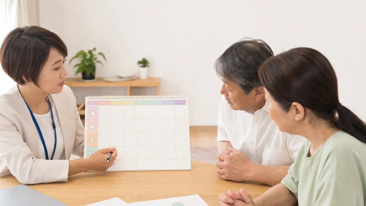 介護者の休息を計画する日本人家族（横長・コピースペース）。介護者支援、レスパイト、家族介護、介護相談の記事や案内に使える商用素材です。