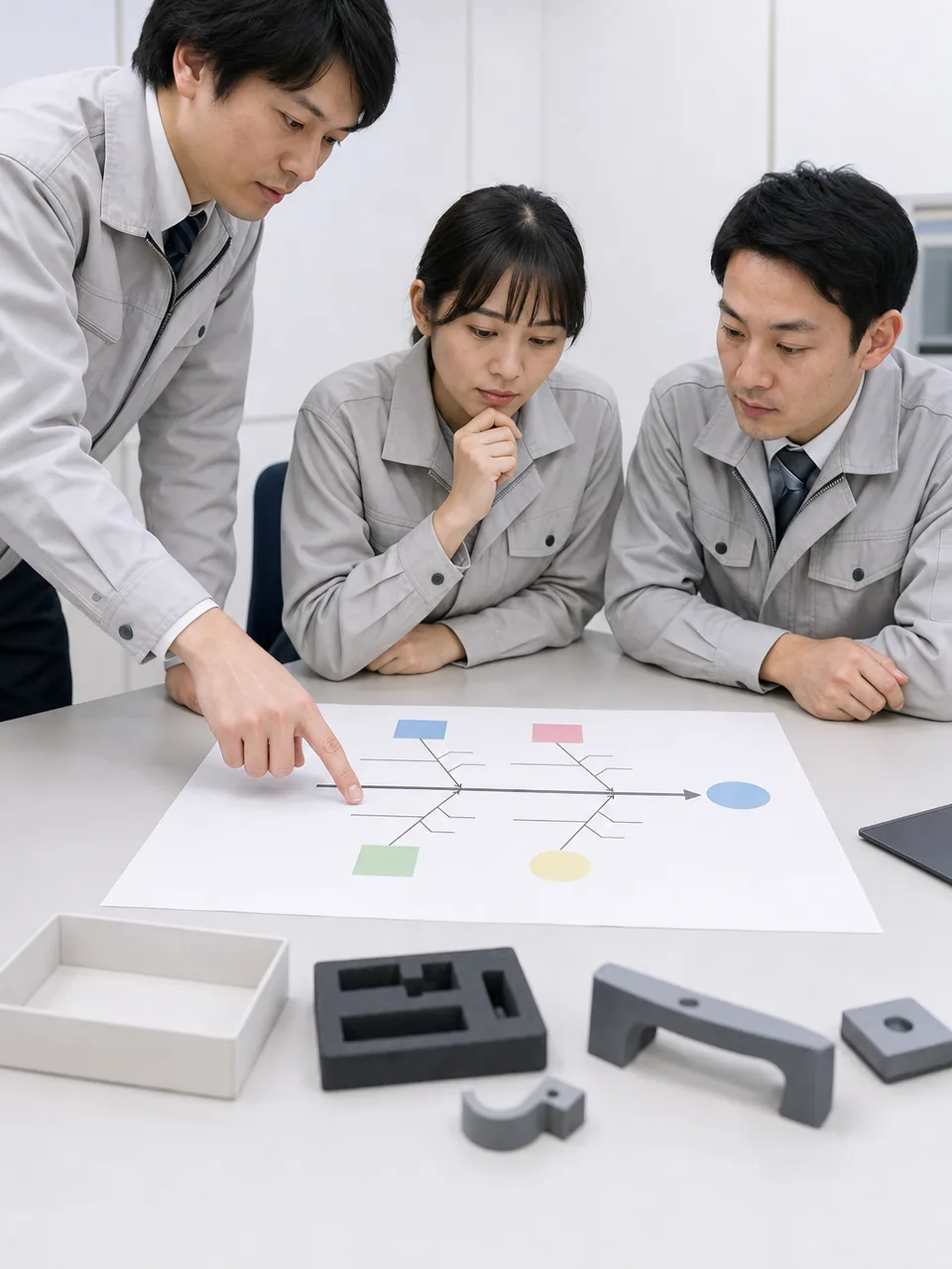 品質改善を検討する日本人チーム（自然な縦位置写真）。品質改善会議、原因分析、品質管理、製造業の記事や案内に使える商用素材です。