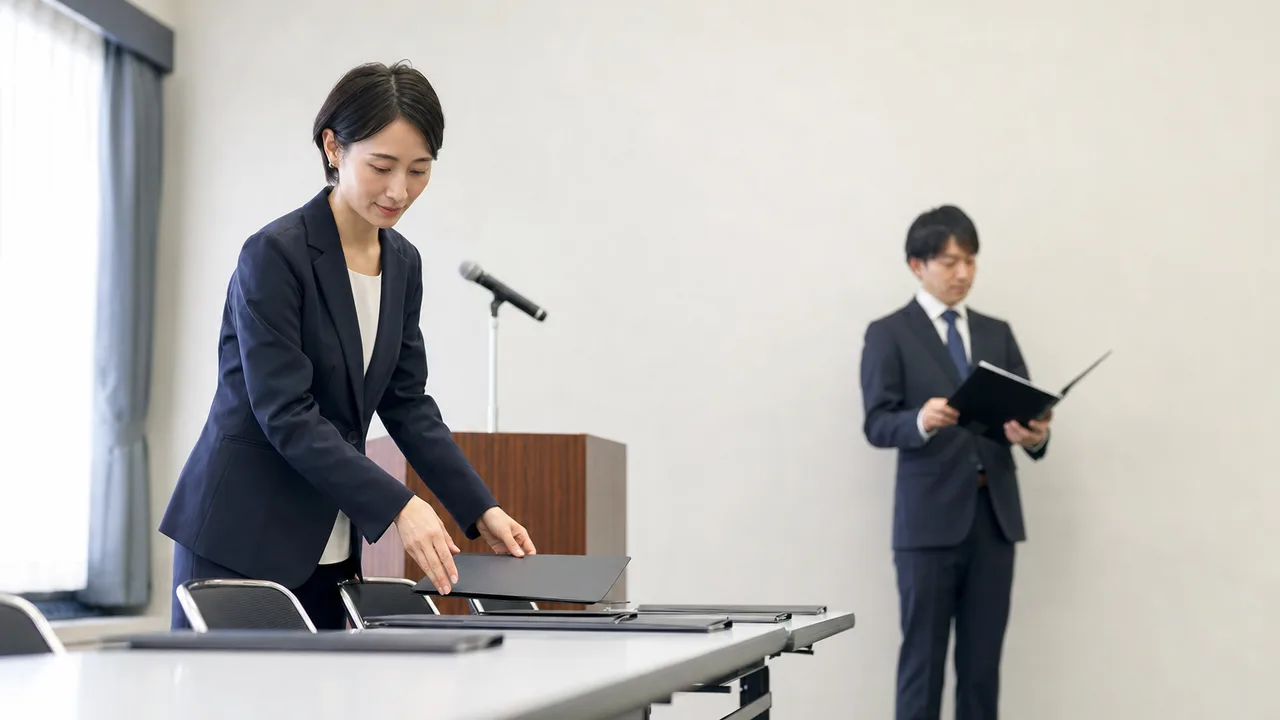 発表準備をする日本人広報担当者（横長・コピースペース）。広報担当者、プレス対応、情報発信、企業広報の記事向け素材です。