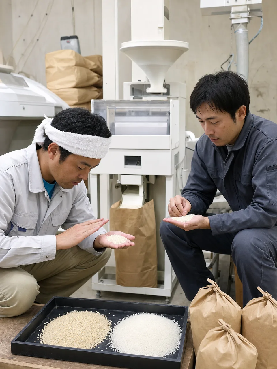 米を精米する日本人（自然な縦位置写真）。精米、米、食品加工、農業の記事や案内に使える商用素材です。