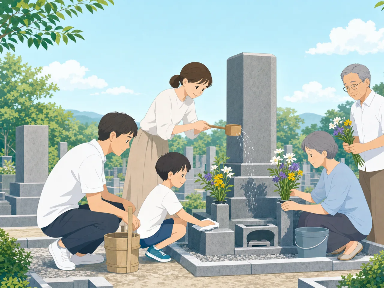 お盆に家族でお墓参りをする日本人（フラットイラスト）。お盆、帰省、家族行事、供養を丁寧に伝える季節素材です。