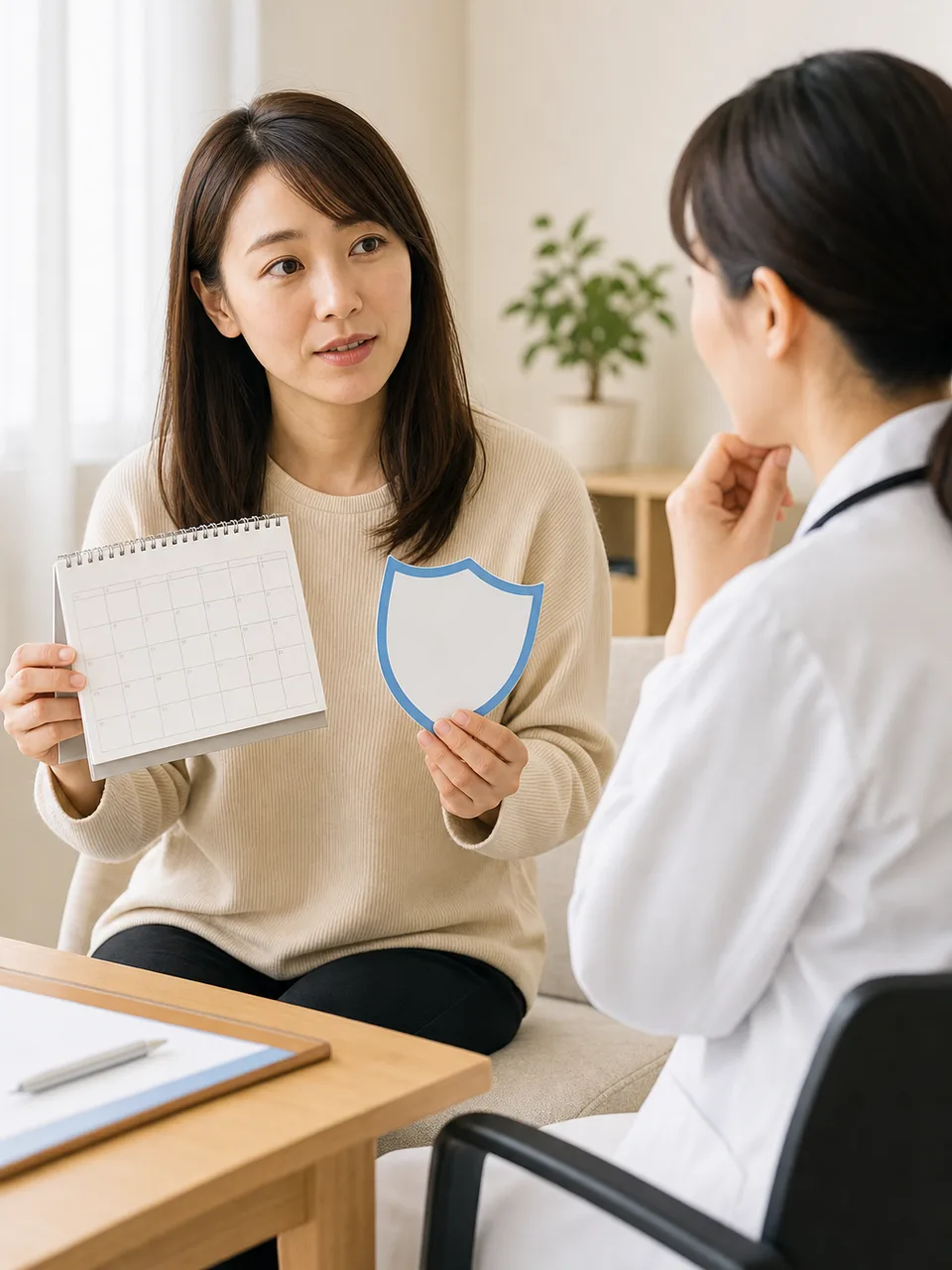 予防接種を相談する日本人成人（自然な縦位置写真）。予防接種相談、ワクチン相談、成人予防接種、感染予防の記事や案内に使える商用素材です。