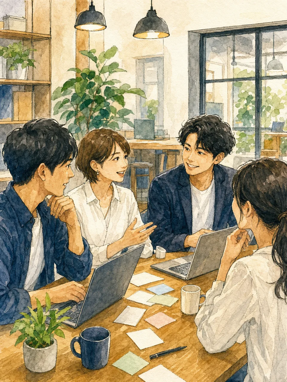 交流する日本人コワーキング利用者（手描き水彩）。コワーキング交流会、ネットワーキング、コワーキング、フリーランスの記事や案内に使える商用素材です。