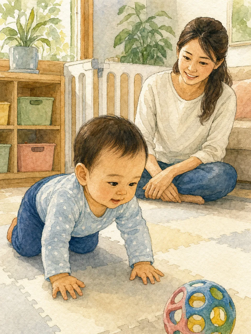 家でハイハイする日本人の赤ちゃん（手描き水彩）。ハイハイ赤ちゃん、乳児、成長、子育ての記事向け素材です。