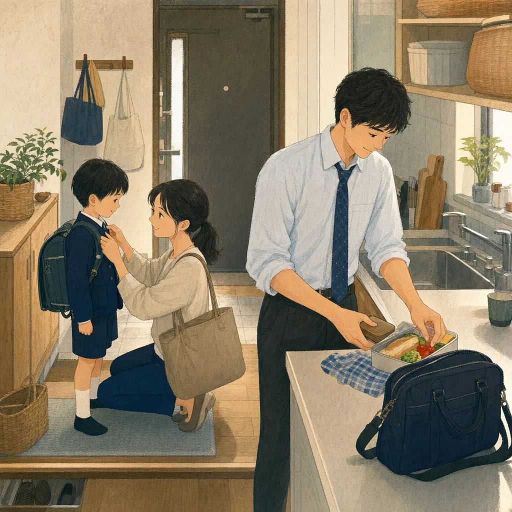 共働き家族の忙しい朝（編集記事向け）。共働き、家事分担、子育て支援、生活サービスに使える家庭素材です。