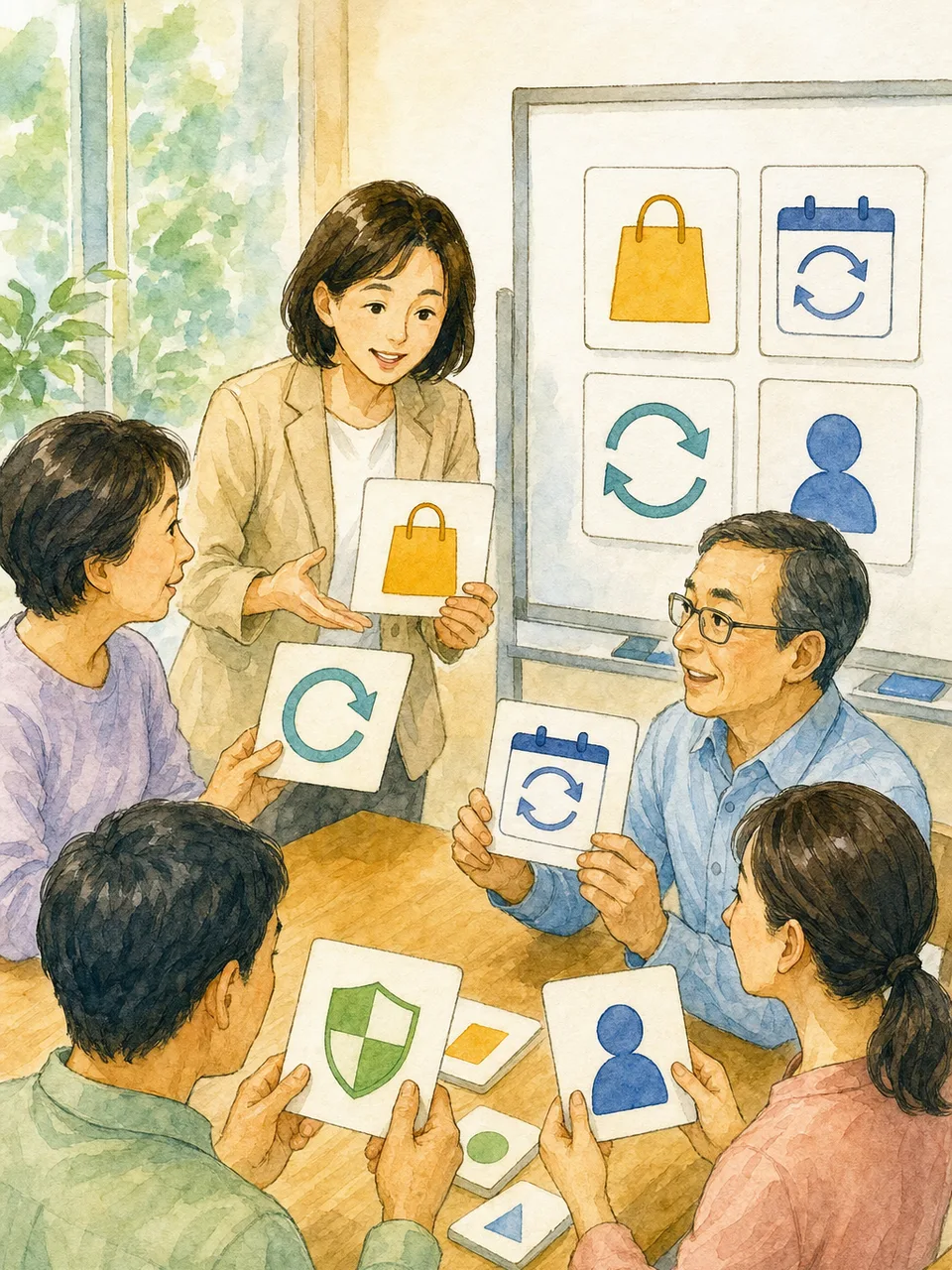 消費者の権利を学ぶ日本人（手描き水彩）。消費者教育、消費者の権利、契約トラブル予防、クーリングオフの記事や案内に使える商用素材です。