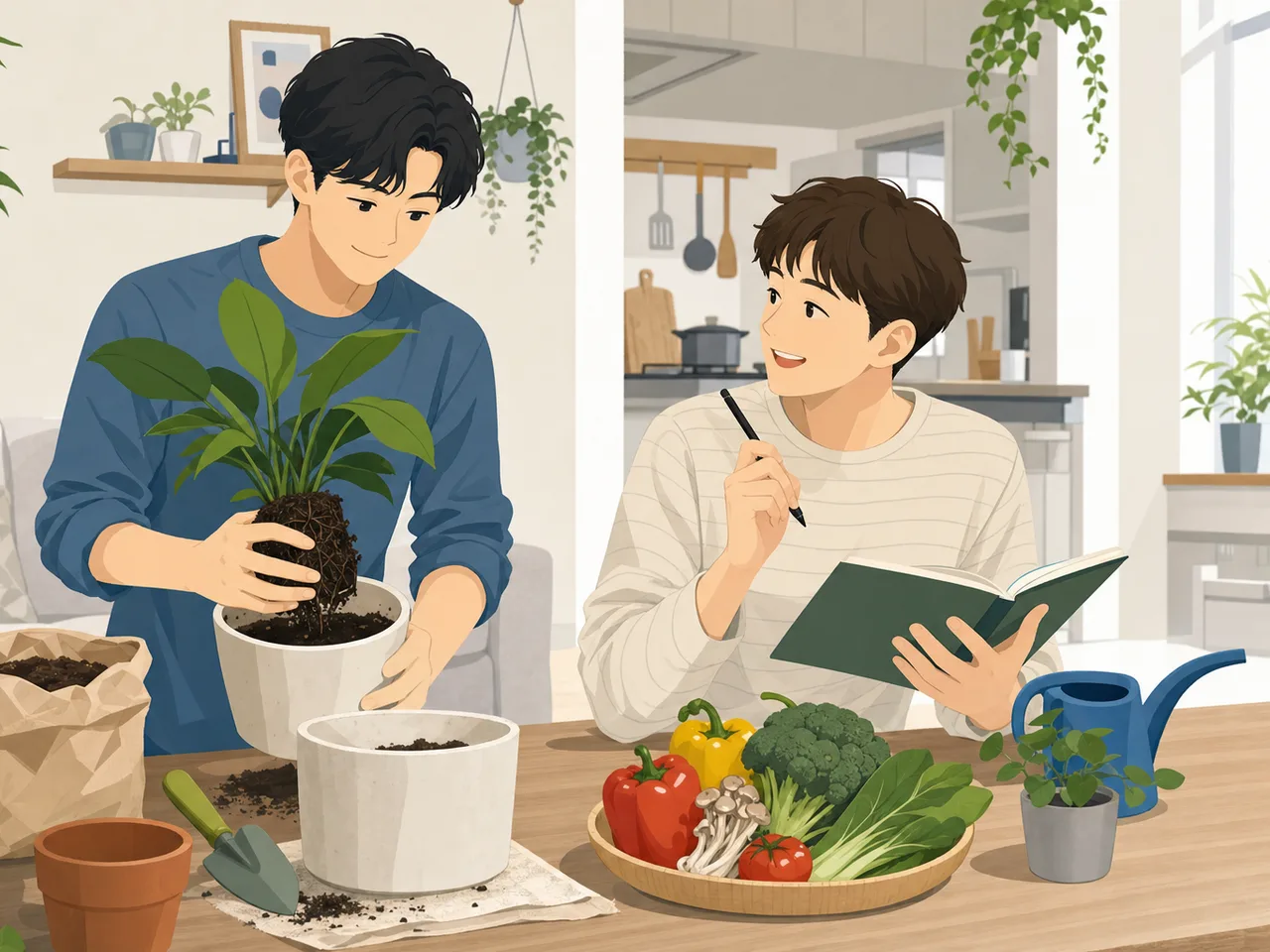 暮らしを共にする同性カップル（フラットイラスト）。LGBTQ、同性カップル、パートナー、日常生活の記事向け素材です。