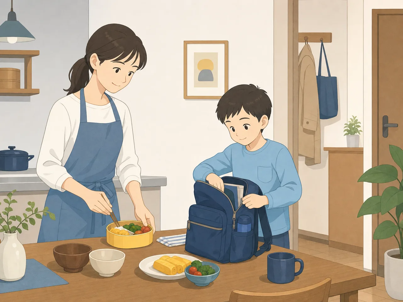 朝の支度をする日本人ひとり親家庭（フラットイラスト）。ひとり親、一人親家庭、子育て、朝の暮らしの記事向け素材です。