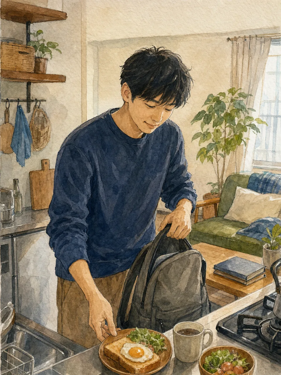 若い日本人男性の日常（手描き水彩）。若い男性、一人時間、日常、ライフスタイルの記事向け素材です。
