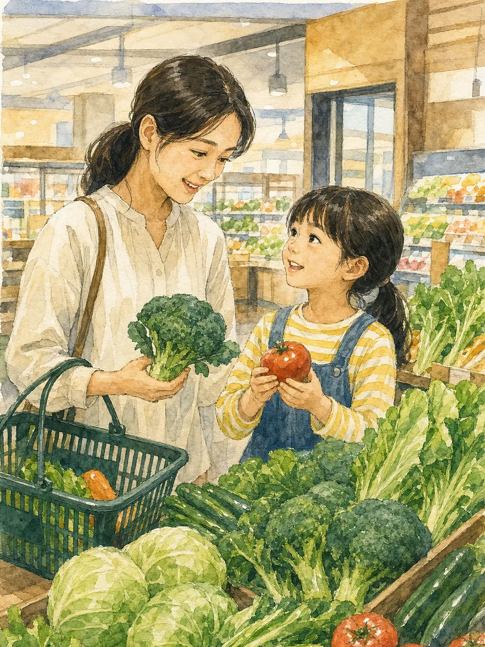 スーパーで食材を選ぶ日本人家族（手描き水彩）。スーパー、買い物、家計、食生活の記事に使える日常素材です。