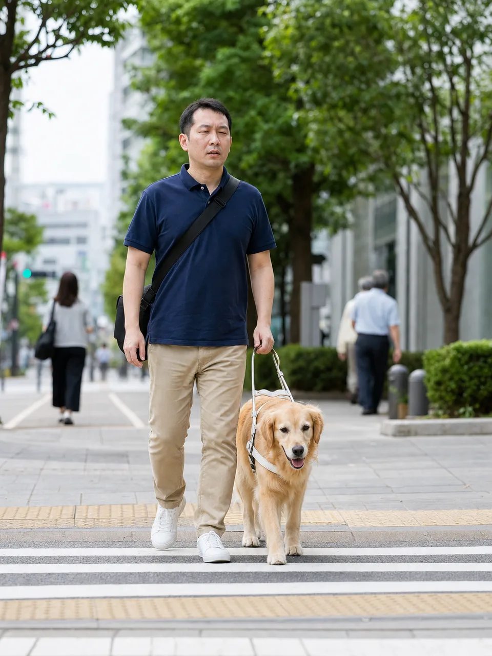 盲導犬と歩く日本人利用者（自然な縦位置写真）。盲導犬、視覚障害、移動支援、共生社会の記事向け素材です。