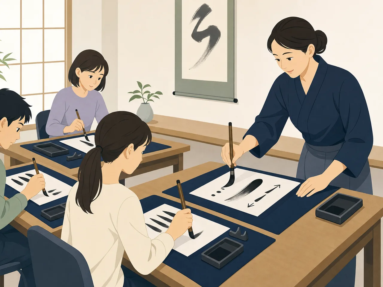 書道教室で筆を学ぶ日本人（フラットイラスト）。書道教室、習字、日本文化、習い事の記事向け素材です。